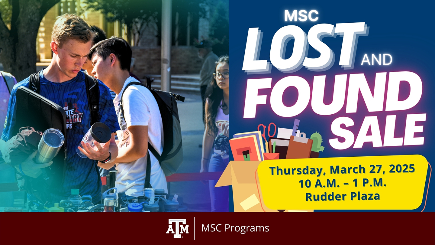 MSC Lost and Found Sale, Thursday, March 27, 2024 from 10 a.m. to 1 p.m. at Rudder Plaza