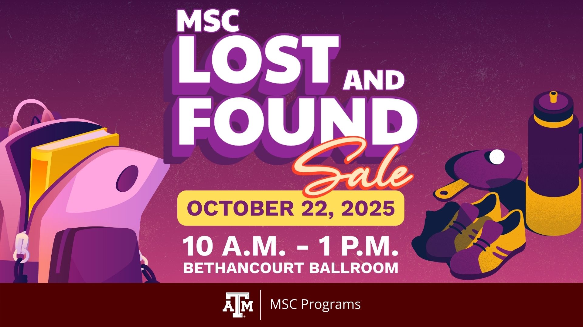 MSC Lost and Found Sale, October 22, 2025, 10 a.m. to 1 p.m. at Bethancourt Ballroom