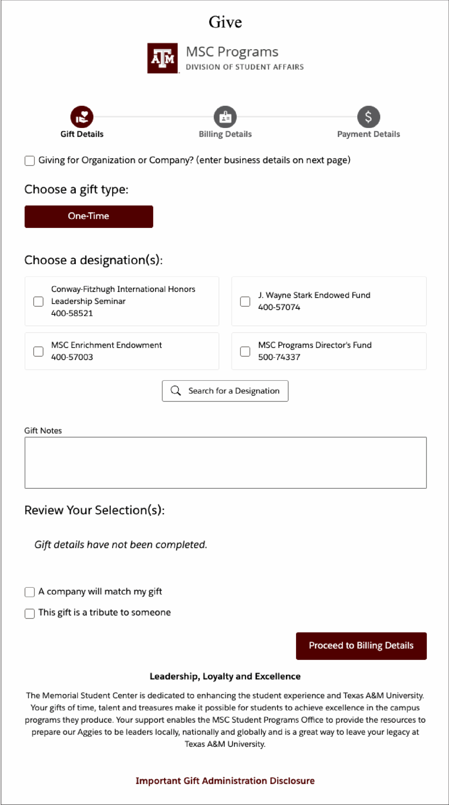 Screenshot of Texas A&M Foundation's online giving platform.